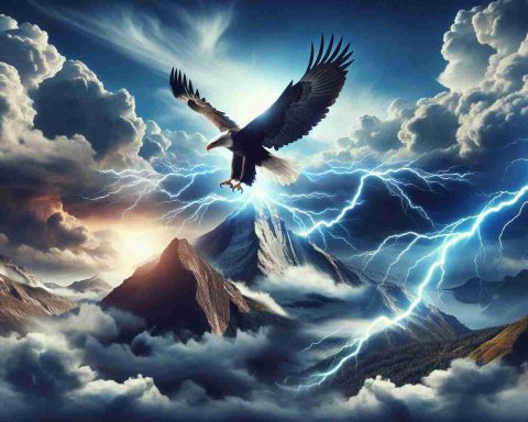 Realistic high-definition image representing a metaphorical concept of 'bold strikes' symbolizing a new era of dominance. This picture could include striking imagery such as a powerful eagle soaring above a mountain or lightning bolts striking down from stormy skies. Please note, this is conceptual and non-political representation.