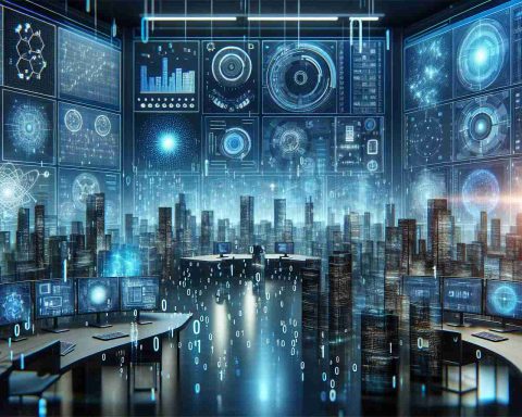 High-definition image representing the concept of the future of data analytics. Include elements that symbolize advanced technologies such as AI, quantum computing, machine learning and big data visualization. It could be a sleek control room with multiple screens displaying complex charts, figures, and graphs, a futuristic city with digital high-rises, binary rain, or any other metaphoric representation. Add elements like digital holograms and light trails to portray speed and accuracy. The overall environment could be in the cool blue spectrum, suggestive of modernity and digital realms.