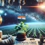 Generate a HD accurate portrayal of a headline indicating 'Exciting News from Space! India Achieves Plant Growth in Microgravity'. The image should depict a microgravity environment with thriving plants and a celebratory atmosphere of this achievement. Include the Indian Tri-color in one corner, showing pride in the nation's accomplishment, while in the background the vast expanse of space and distant stars, signifying the enormity of this feat. The plants should be flourishing with lush green leaves, representing life beyond our planet. The vibe of the image should evoke amazement and intrigue.