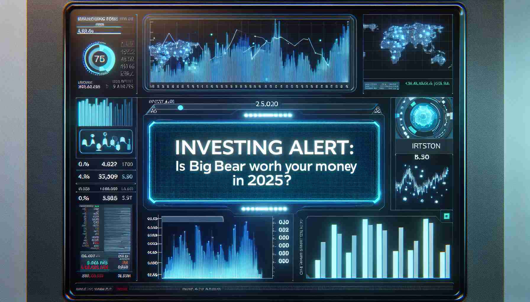 A high-definition, realistic image of a digital interface with financial data charts and graphs. In the center, there's a significant alert with bold letters saying: 'Investing Alert: Is BigBear.ai Worth Your Money in 2025?'