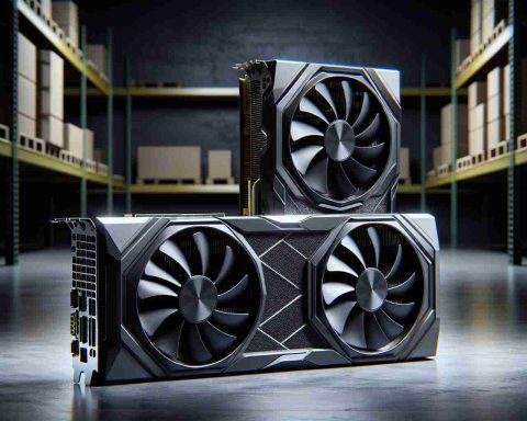 Realistic, high-definition photo of two popular graphics processing units RTX 4060 and 4070. The GPUs have an elegantly designed structure with a sleek and modern appearance. They are displayed in an environment that suggests scarcity or limited availability, potentially by placing them in empty or near-empty shelves or storage rooms, symbolizing imminent stock shortages.