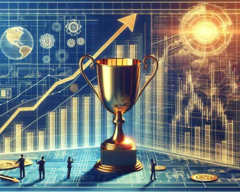 Generate a realistic, high definition image depicting an abstract conceptualization of a small-cap company's triumph, related to the field of engineering. Showcase elements like the stock market graph on an upward trajectory, blueprint designs, a golden trophy symbolizing triumph, and well-satisfied investors closely examining the growth chart.