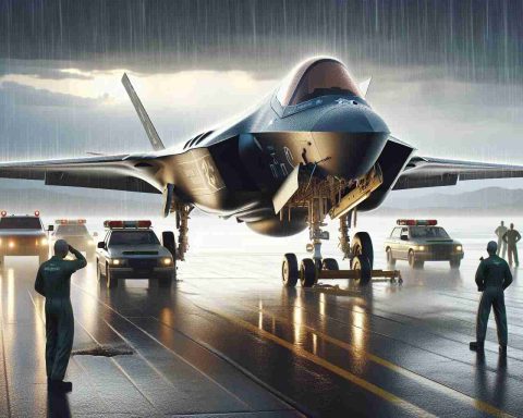 A realistic, high-definition image that visualizes the surprising mechanic that prevents an F-35 fighter jet from operating effectively in rainy weather conditions. The scene depicts the jet grounded on a tarmac during a rainstorm, with specific focus on the aspects of the aircraft's design that hinders its ability to withstand such conditions.