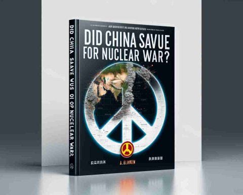 Realistic high-definition image of a book cover titled 'Did China Save Us from Nuclear War?'. It has an intense, suspenseful vibe. The design includes elements representing the topic, such as a peace symbol overlaying a map of China and a nuclear symbol in the bottom corner. In the top corner, the author's name – A. Blinken – is clearly visible.