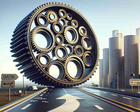 Create a high definition, photorealistic image that captures the theme 'Data Drives Change.' Depict this through a metaphorical scene such as gears (representing data) turning a large wheel (representing an organization). The wheel is showing signs of readiness to move, like a clear path ahead and supportive structures in place.