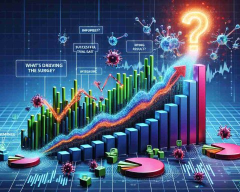 A realistic high-definition graphic representation of a surge of data symbolizing successful trial results. It could be represented as a series of climbing bar graphs, pie charts, or other data visualization elements, implying positive growth, integrating elements associated with immuneering. What's driving the Surge? - might be represented as a question mark or other inquisitive symbol looming over the data. Pay attention to the colors, use vibrant shades for the rising data and more subdued tones for the remaining elements.