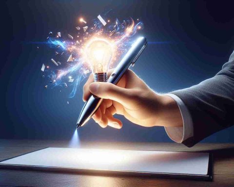 High-definition, realistic image of a conceptual scene titled 'Revamp Your Creativity!'. In the scene, a brand-new, state-of-the-art smart pen is being held by a Caucasian man's hand, poised over a blank canvas. The pen seems to be bursting with a radiant light, suggesting untold potential and creative energy. On the canvas, however, nothing has yet been drawn or written, further emphasizing the theme of limitless possibilities.