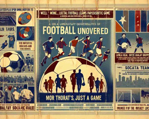 Create a high definition, realistic image of a well-worn, vintage poster for a documentary titled 'Football Uncovered: More Than Just a Game'. The poster should display glimpses of local football teams in passionate action, representing diverse ethnic groups, ages, and genders. Incorporate elements that signify the untold influence and contributions of these local teams. The poster should include various football-related visuals such as soccer balls, goal posts and local team emblems or jerseys. Include a texture that gives an impression of the paper being slightly worn and aged.