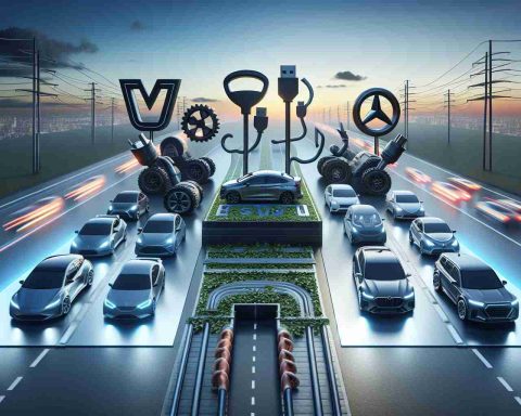 Realistic high-definition image portraying the concept of the forthcoming battle in the electric vehicle industry. The scene should depict a metaphorical battleground where car brands are gearing up for competition, illustrated by symbols or unique attributes representing each brand. However, the scene must not contain any direct logos, brand names or copyrighted elements.