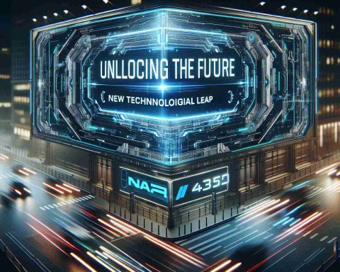 Realistic high-definition image of a futuristic technology theme, titled 'Unlocking the Future: New Technological Leap'. This image should be represented as a grand announcement on a digital billboard, akin to the ones at a stock exchange, similar to Nasdaq.