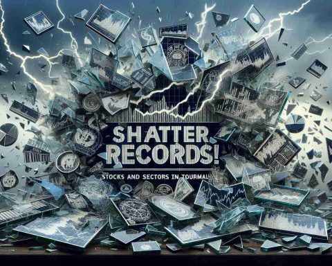 Realistic HD depiction of a visual metaphor for 'Market Trends Shattering Records'. The foreground is filled with diverse pieces of shattered glass with engraved illustrations of market trends and graphs. In the background, stormy weather represents turmoil, with flashing lightning mirroring volatile stocks and sectors. The typography for 'Market Trends Shatter Records! Stocks and Sectors in Turmoil' is incorporated into the image in a bold yet chaotic manner.