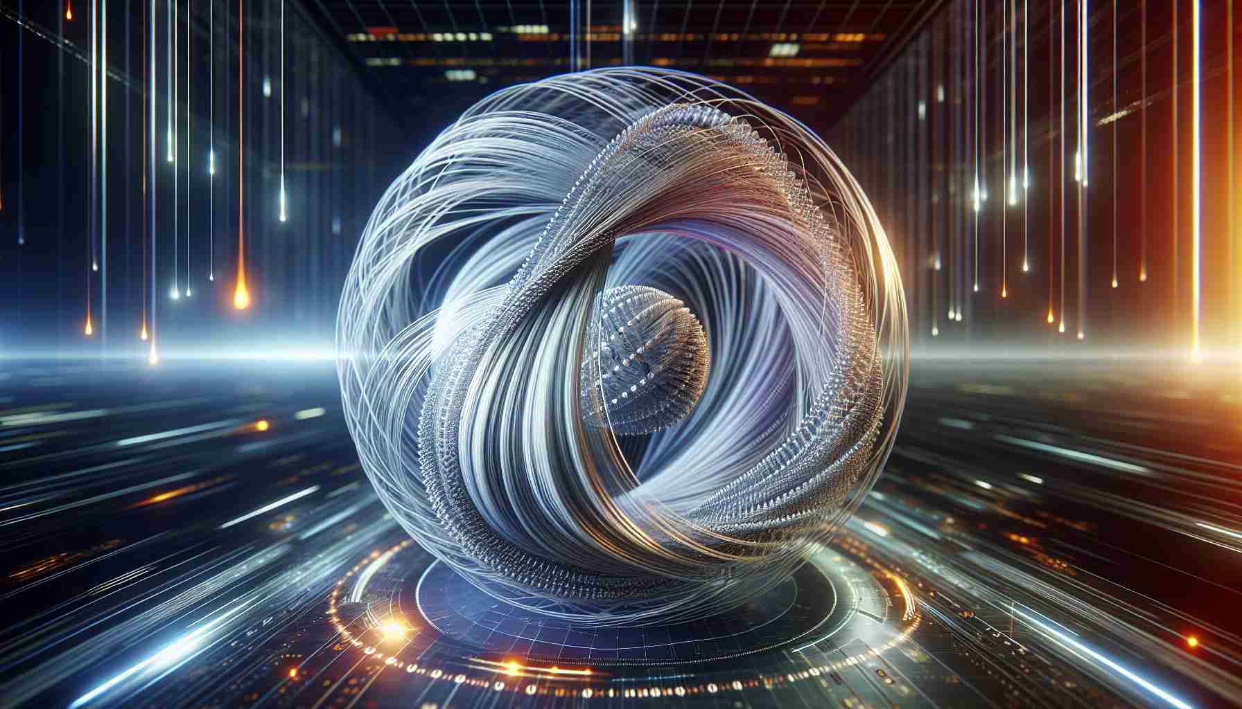 A realistic and high-definition photo that represents the concept of a 'Quantum Leap' in the world of data, presented as a possible future vision of data management and interpretation. The image might include symbolically represented advanced data structures with nested arrays, threads of binary code integrally weaved into the outer shell of a sphere, with streams of information. Light and color could be used to depict the rapid transmission and processing power. The setting could be inside a futuristic, high-tech interior with sleek lines and glowing accents, symbolizing the leap into future data technologies.