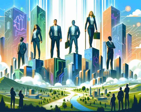 Create an illustration depicting the concept of technology titans rising as a symbol of their continued success. Include a landscape with large, futuristic buildings symbolizing tech companies. Above these buildings, place figures standing triumphantly - a woman of South Asian descent in a business suit, a Caucasian man in casual tech attire, a Black man in a turtleneck sweater, and a Middle-Eastern woman in a lab coat. Make the figures larger than the buildings to represent their immense influence. Use vivid and bright colors to represent optimism and success. Please render the image in high definition for a realistic look.