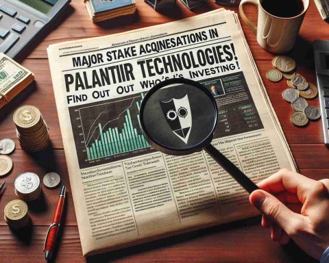 Image of a magnifying glass over a financial newspaper headline reading 'Major Stake Acquisitions in Palantir Technologies! Find Out Who’s Investing.' This is laid on a mahogany table with stacks of dollar bills on one side and a coffee mug on the other. There are also objects related to investment like coins, graphs and a calculator in the background.