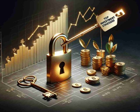 Generate a realistic HD image featuring a large key, symbolic of unlocking, inserted into a golden lock. The lock is tagged with a tag saying Top Investment Strategies. This is complemented by an increasing line chart in the background representing growth, and various symbols of wealth like stacks of coins and bills.