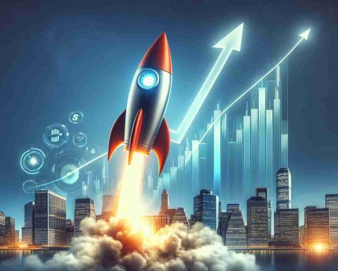 Create a realistic HD image that encapsulates the concept of the stock for a software company soaring high. The picture should include a symbolic representation of a rocket signifying the surge. Add a graphic chart demonstrating the sharp upward trend. Overlay the image with the text: 'Software Company Stock Soars: What’s Fueling the Surge?'