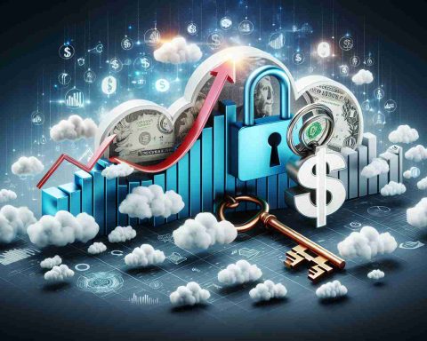 A realistic high-definition image of a concept showcasing the unlocking of billion-dollar opportunities, demonstrating the rise of cloud solutions in finance. This image could include symbolic graphics like keys and locks, clouds, and an ascending arrow to depict growth. Financial icons such as dollar symbols and graphs could also be included to bring the finance theme to life.