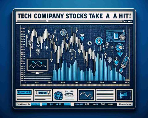 Generate an image of a stock chart showing a significant drop, with associated iconography and text symbolizing a tech company. The background has a headline on a news ticker or headline banner that says 'Tech Company Stocks Take a Hit! What's Behind the Recent Dip?'. Please include financial symbols, falling arrows or corresponding metaphoric images.