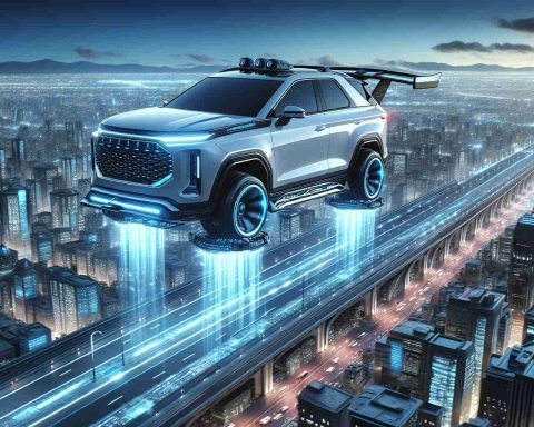 Detailed and realistic high-definition image of an imagined future of travel. It features an SUV with advanced technology to make it fly. The vehicle takes off from a technologically advanced cityscape, gracefully soaring into the clear blue skies. The design of the flying SUV combines a sleek elegance, aerodynamics, and ruggedness typical of a typical SUV. The city below is illuminated with neon lights and futuristic architecture. Roads are visibly less congested underneath, suggestive of the new potential for urban travel. This futuristic image embraces the possibility of the almost here era of flying automobiles.