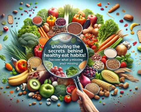 A profoundly detailed image that portrays the theme of discovering the secrets behind healthy eating habits. Display a diversified selection of nutrient-rich foods such as a variety of fruits, vegetables, whole grains, and lean proteins on a bright background. Include a magnifying glass revealing vital nutrients (like vitamins and minerals) within these foods. The title 'Unveiling the Secrets Behind Healthy Eating Habits! Discover What You’re Missing' should be written in bold, appealing font across the top of the image to capture attention, all in stunning high-definition quality.