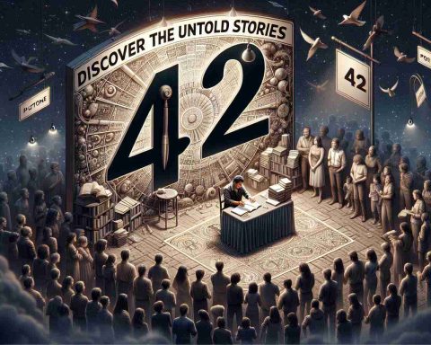 Create a realistic HD visualization of the captivating phrase 'Discover the Untold Stories'. This image should set the scene for a narrative, inviting viewers into a world of mystery and wonder. Along with this, include an image of a random male author, signing books and engaging with his audience, at a position denoted as '42'. Clarify that this number signifies the author's spot at a book fair or signing event.