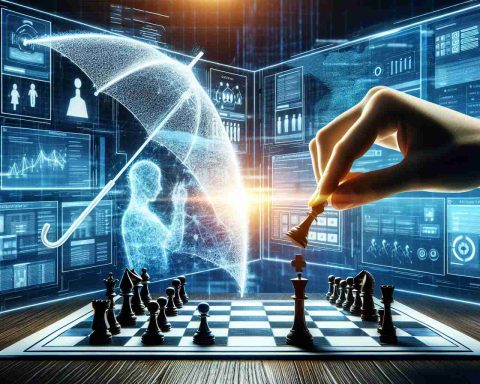 High-definition, realistic image of the metaphorical transformation of insurance due to data analytics. Depict a traditional insurance policy document transforming into a bright, digital data matrix, symbolizing a game board. Include a silhouette of a hand, representing the insuring party, moving a chess piece towards the data matrix. The background should allude to a futuristic workplace with computer screens showcasing real-time data analytics.