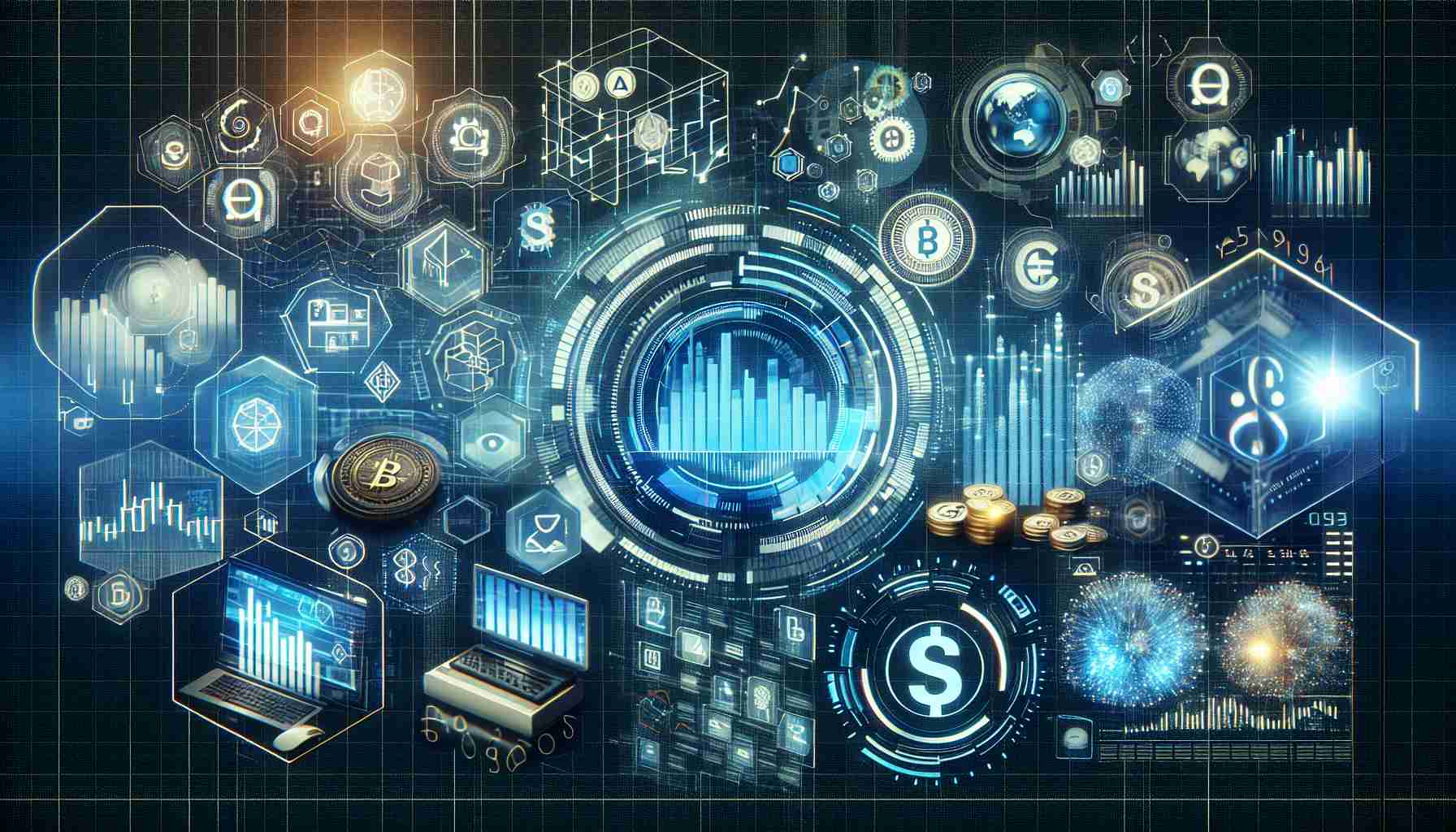 Create a high-definition, realistic image of the concept 'The Future of Financial Tech', symbolized through visual elements associated with futuristic technology and finance. Include elements like digital graphs, numbers, futuristic screens displaying stock market details, and technology tools used in financial sectors like holographic interfaces and digital currencies.