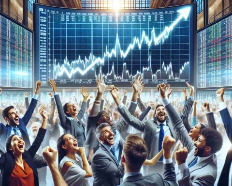 Image of a high definition scenery in a bustling stock market with people euphorically celebrating. Display screens show upward trending graphs, symbolizing a record market surge. Investors, consisting of varied descents including Caucasian, Hispanic, Black, Middle-Eastern, South Asian, and White, and different genders are filled with joy and optimism amidst the backdrop of this good economic news.