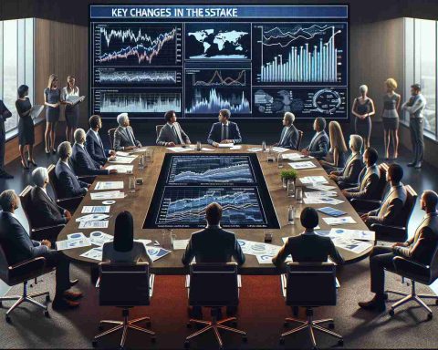 A high-definition, realistic image of a diverse group of people in a conference room setting, demonstrating key changes in the stake for a fictitious technology company. This group is a collection of representatives from investment firms and other financial institutions. The conference table displays a spread of documents, charts and diagrams showing statistical and financial data. Some of the investors are watching a presentation on a large screen, which depicts fluctuating graphs and significant alterations in the company's stakeholder relations.