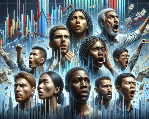 Realistic, high-definition image depicting an abstract representation of stock market activity. Picture to include dramatized, exaggerated bar charts, and graphs to illustrate the significant moves in Taiwan Semiconductor Stocks. Alongside, portray a diverse collection of investors showing various reactions – a Caucasian man looking tense, a black woman expressing surprise, a middle-eastern man in deep thought, and a South Asian woman showing excitement. Use cool and warm tones to highlight the activity's dynamic nature.