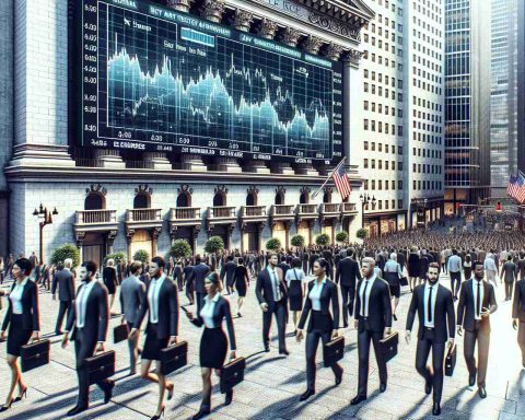 Generate a high-definition, realistic illustration of a business-themed scene. It could depict a bustling Wall Street with large electronic billboards displaying graphics and messages about 'Key Economic Indicators'. People, dressed in formal business attire, representing varying descents such as Caucasian, Asian, Black, and Middle-Eastern, would be walking hurriedly along the street, indicating a sense of anticipation. Also include small clusters of investors, with equal representations of both men and women, engaged in discussions, looking calm and steady. The overall aura of the scene should reflect an atmosphere of business rallying.