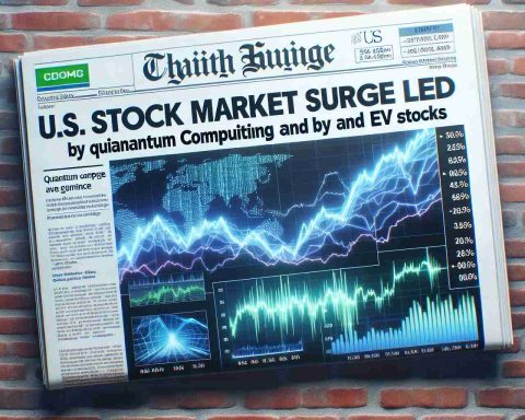 Generate a realistic high-definition image of a newspaper headline saying, 'U.S. Stock Market Surges Led by Quantum Computing and EV Stocks'. Include graphs and charts demonstrating the surge in the background, emphasizing quantum computing and electric vehicle stocks.