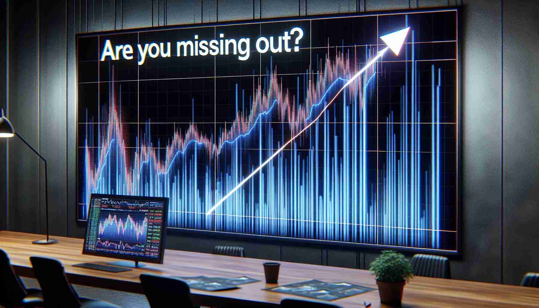 A photorealistic HD image of a stock market chart showing a significant and unexpected rise. The chart contains various lines demonstrating a massive surge in a particular stock. This rise is so exceptional that it seems almost unbelievable. Adjacent to the chart, there's a question asking 'Are You Missing Out?' in bold, attention-grabbing letters.