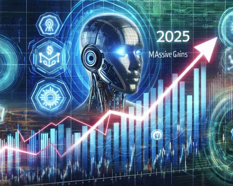 Generate a high-definition, realistic image that represents the concept of 'Massive Gains Await in 2025'. The image should include elements such as a futuristic stock market graph showing an upward trend, the year 2025 prominently displayed, and symbols or icons related to Artificial Intelligence (AI). Depict a sense of anticipation and the potential for huge returns on investment.