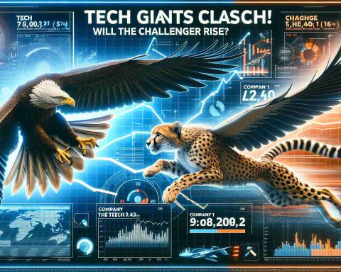 Detailed, high-quality image of a graphical representation symbolizing the tech stock market with emphasis on two theoretical tech companies. Company 1, represented by a soaring eagle, signifies significant growth, while Company 2 is represented by a racing cheetah, symbolizing the potential to catch up. Include a headline in bold letters stating 'Tech Giants Clash! Will the Challenger Rise?' Surrounded by futuristic digital imagery hinting at the exciting future of the tech industry.