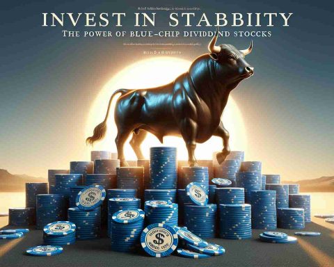 A realistic high definition image showcasing the concept of 'Invest in Stability: The Power of Blue-Chip Dividend Stocks.' The image includes a strong bull, symbolizing a bullish stock market, standing atop a mountain of stacked blue poker chips, signifying blue-chip stocks. In the background, a rising sun casting a beautiful golden light onto the bull and poker chips, symbolising the power and stability of these investments. A big, elegant title 'Invest in Stability' is displayed at the top, and 'The Power of Blue-Chip Dividend Stocks' at the bottom.