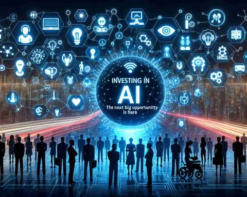 A high-definition quality image depicting the theme of 'Investing in AI: The Next Big Opportunity is Here'. The image displays an array of cutting-edge artificial intelligence technologies, representing sectors like fintech, healthcare, automated vehicles and robotics. In the foreground, silhouette figures of diverse races and genders are displayed, viewing these emerging technologies, symbolizing investment opportunities. The backdrop is a digital cityscape with glowing lines and nodes, resembling a futuristic scene of the potential that lies ahead in AI investment. The phrase 'Investing in AI: The Next Big Opportunity is Here' is prominent in the design.