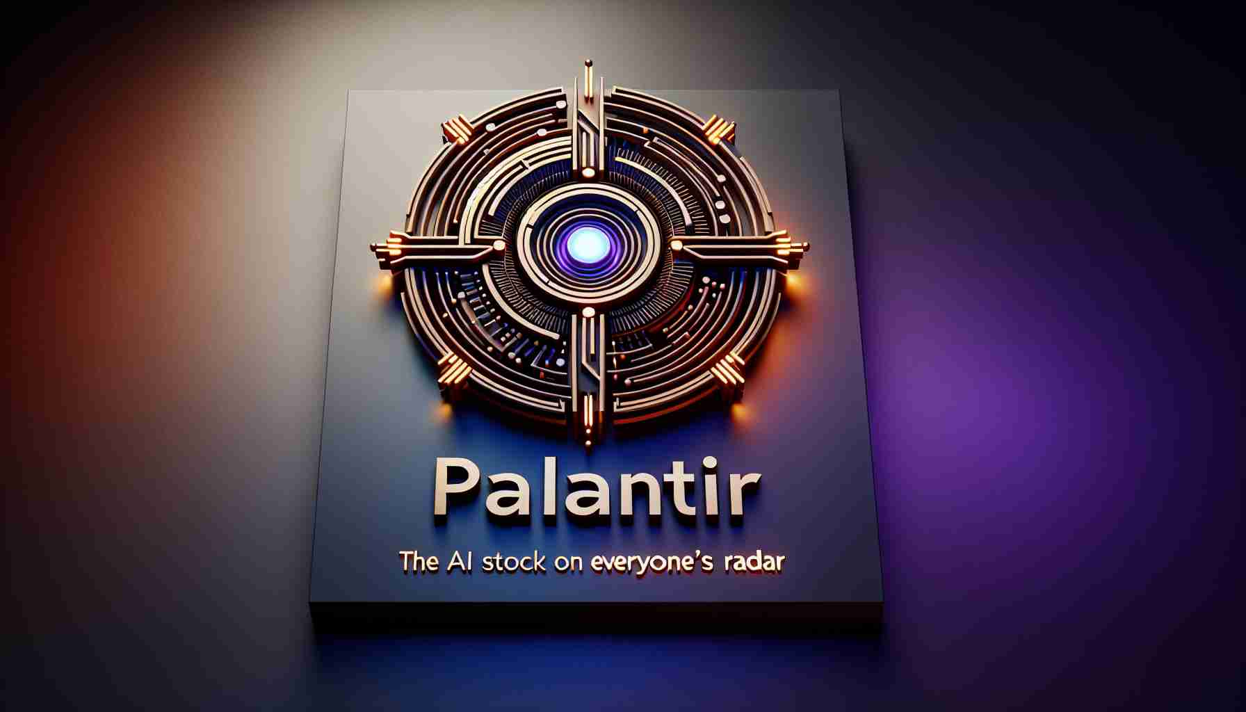 A realistic high-definition photo of Palantir Technologies logo with the tagline 'The AI Stock on Everyone's Radar'. The logo should be centred on a contrasting background. Add subtle lighting effects to highlight the logo and make it more striking and noticeable. Copy on the top should display 'The AI stock on everyone's Radar'.