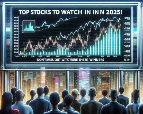 A hyper-realistic, high-definition image of a digital billboard with the caption 'Top Stocks to Watch in 2025! Don't Miss Out on These Winners'. Visible are bar charts and line graphs capturing stock trends, a futuristic cityscape in the background, and a crowd of diverse people in the foreground attentively looking at the billboard.