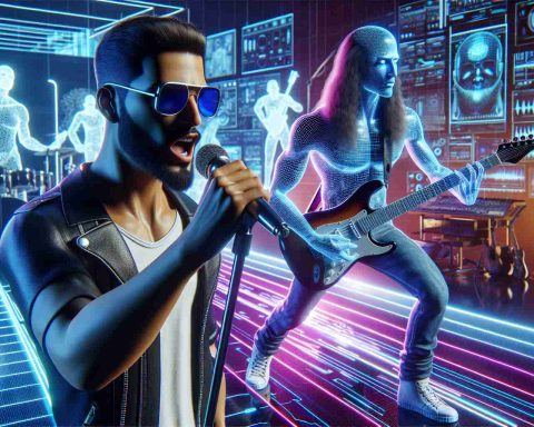 Imagine an HD render of a futuristic musical collaboration. On one side, we have a male pop reggaeton singer of Cuban descent, known for his clean-shaven head and sunglasses, passionately gripping a microphone. On the other side, we see a male, long-haired, Caucasian rock musician, strutting with a guitar. They're standing in a neon-lit, digital music studio filled with futuristic tech, reflecting the ongoing AI Music Revolution.