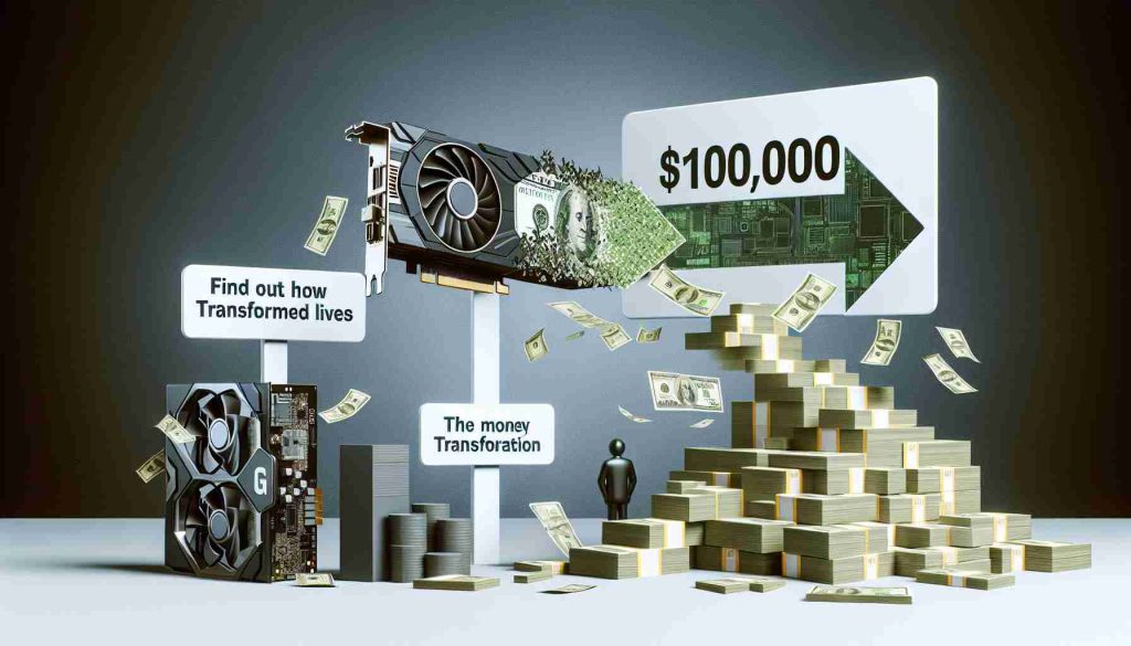 Create a realistic HD photo of a financial success journey represented with a money transformation metaphor. Show a pile of $10,000 transforming into a large pile signifying millions. Next to it, depict a computer graphics card with a generic design and a plain sign next to it stating 'Find Out How Technology Transformed Lives'. Use neutral and sophisticated colors to signify seriousness. Do not include brand names, logos or identifying marks.