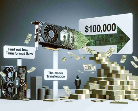 Create a realistic HD photo of a financial success journey represented with a money transformation metaphor. Show a pile of $10,000 transforming into a large pile signifying millions. Next to it, depict a computer graphics card with a generic design and a plain sign next to it stating 'Find Out How Technology Transformed Lives'. Use neutral and sophisticated colors to signify seriousness. Do not include brand names, logos or identifying marks.