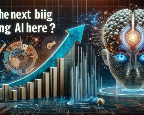 An HD image showing an abstract representation of rapidly increasing bar graphs and pie charts to depict the extravagant growth of a key player in the AI technologies industry. In the backdrop, a creatively designed, futuristic AI brain illustrates the central role of artificial intelligence. The question 'Is the next big thing in AI here?' is written in bold and eye-catching typography.