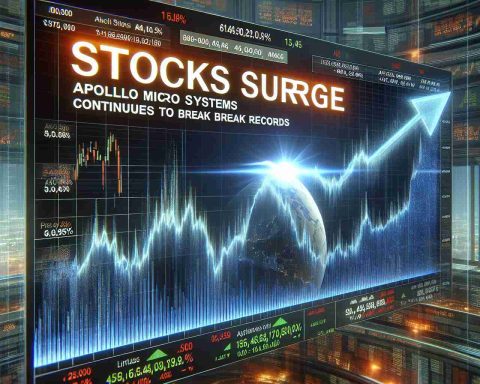 High-definition, realistic image of a breaking news headline that reads 'Stocks Surge: Apollo Micro Systems Continues to Break Records'. Visual features include a dramatic surge in a stock-market graph showing an upward trend, signifying the record-breaking performance of a company named 'Apollo Micro Systems'. The scene is reminiscent of a financial newspaper or digital news portal. Please also include related financial details like stock prices or percentages to make the scene more realistic and informative.