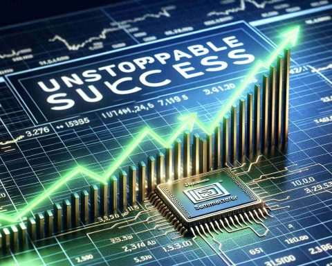 A high-definition, realistic portrayal of a stock market graph displaying a significant increase, symbolizing the unstoppable success of a leading semiconductor company. The company's logo is subtly present in the background. The graph exudes a sense of triumph and victory, with green arrows progressively going up, and the line graph showing a steep rise. The text 'Unstoppable Success' is boldly written across the top in striking, confident letters.