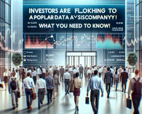 An image of a headline reading 'Investors Are Flocking to a Popular Data Analysis Company! What You Need to Know.' Below the headline is a crowd of people with varying backgrounds, such as Caucasian men and South Asian women, entering a modern office building with signage representing workforce diversity. Various financial charts, data points, and trends are displayed on a translucent screen superimposed over the image to indicate a surge in investment interest.