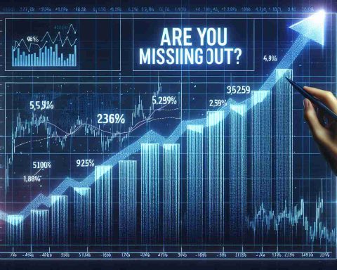 Generate a High definition image that depicts the concept of a soaring stock with the title 'Are You Missing Out?'. Use a chart with an upward trajectory indicating a dramatic increase in value, akin to a stock going through a rapid and substantial price increase. Make sure to include relevant additional elements like numbers, lines, and signs to adhere to a traditional stock chart aesthetic.