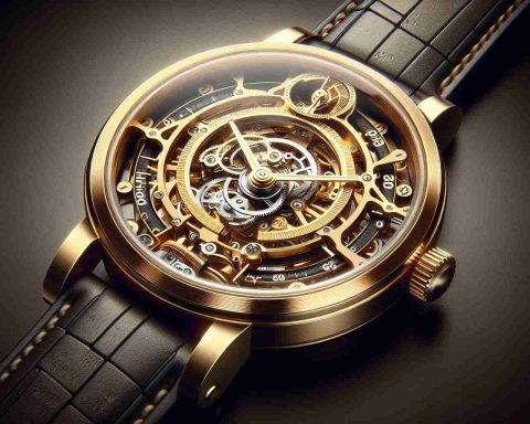 Create a photorealistic image in high definition showcasing a groundbreaking timepiece from an anonymous acclaimed watchmaker. It's a golden anniversary celebration, meaning the watch should radiate a majestic golden hue, reflecting fifty years of consistent achievement and innovation. The watch must symbolize sophistication and timelessness, marking half a century of horological excellence.