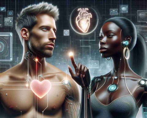 A high-definition, photorealistic image epitomizing the intersection of love and advanced artificial intelligence. Depict a man of Caucasian descent and a woman of Black descent, with both symbolically plugged into different forms of advanced technology, perhaps through cleverly designed wearables or juxtaposed against a futuristic technological backdrop. Nearby, a heart-shaped icon hovers, symbolizing their connection through this new age of technology. The overall tone of the scene should be contemporary and futuristic, without losing the warmth and tenderness associated with the concept of love.